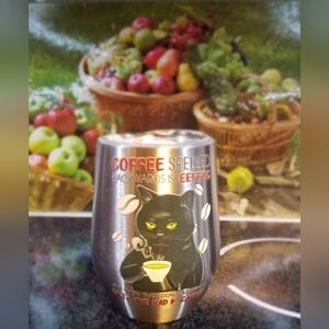 Coffee Spelled Backwards ... Serious Cat Wine Tumbler CC Customized NWOB